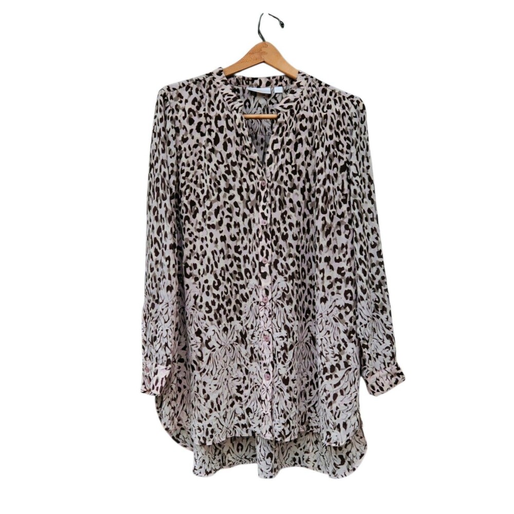 Belle By Kim Gravel Sheer Pink Animal Print Button Front Tunic Blouse Women’s XL